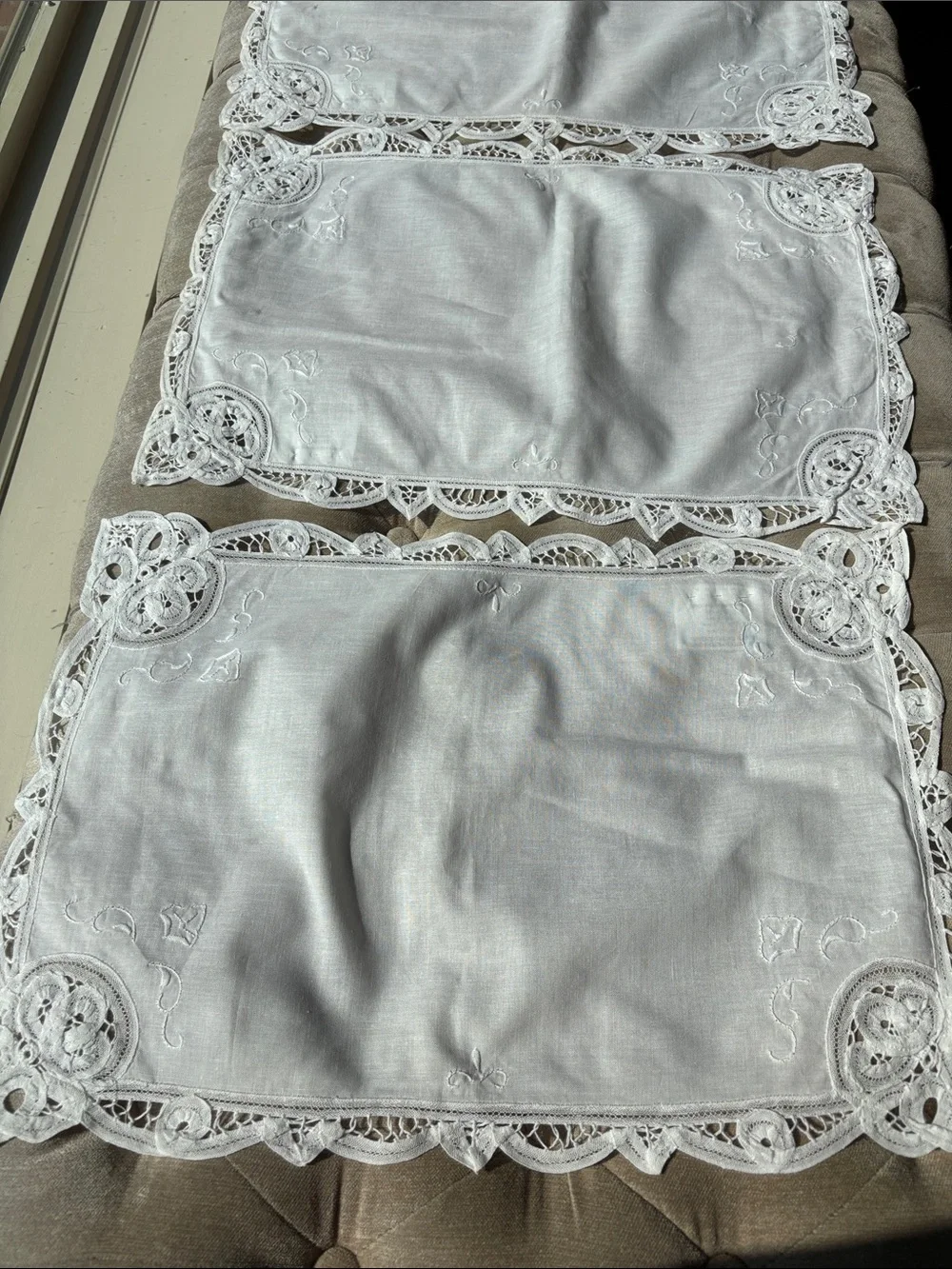 Battenburg, cotton and lace, placemats and napkins